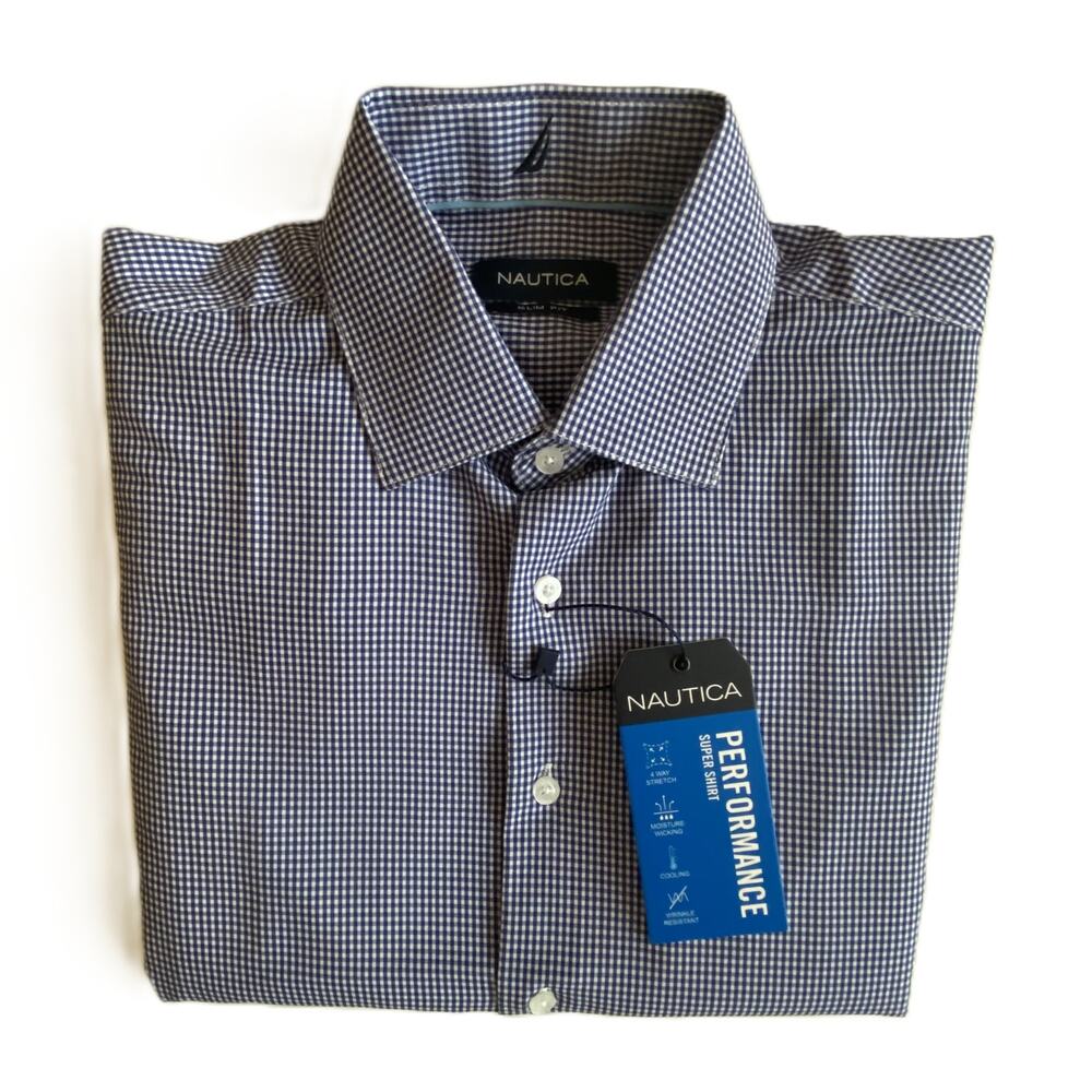 Nautica Dress Shirt Men's 14-14.5 32/33 Performance Slim Fit Blue White Ck NEW
